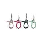 Four pairs of garden pruning shears with different colored handles on a white background