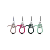 Four pairs of garden pruning shears with different colored handles on a white background
