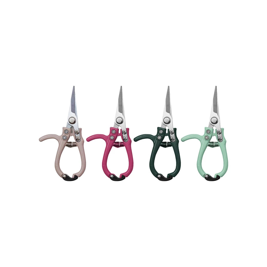Four pairs of garden pruning shears with different colored handles on a white background