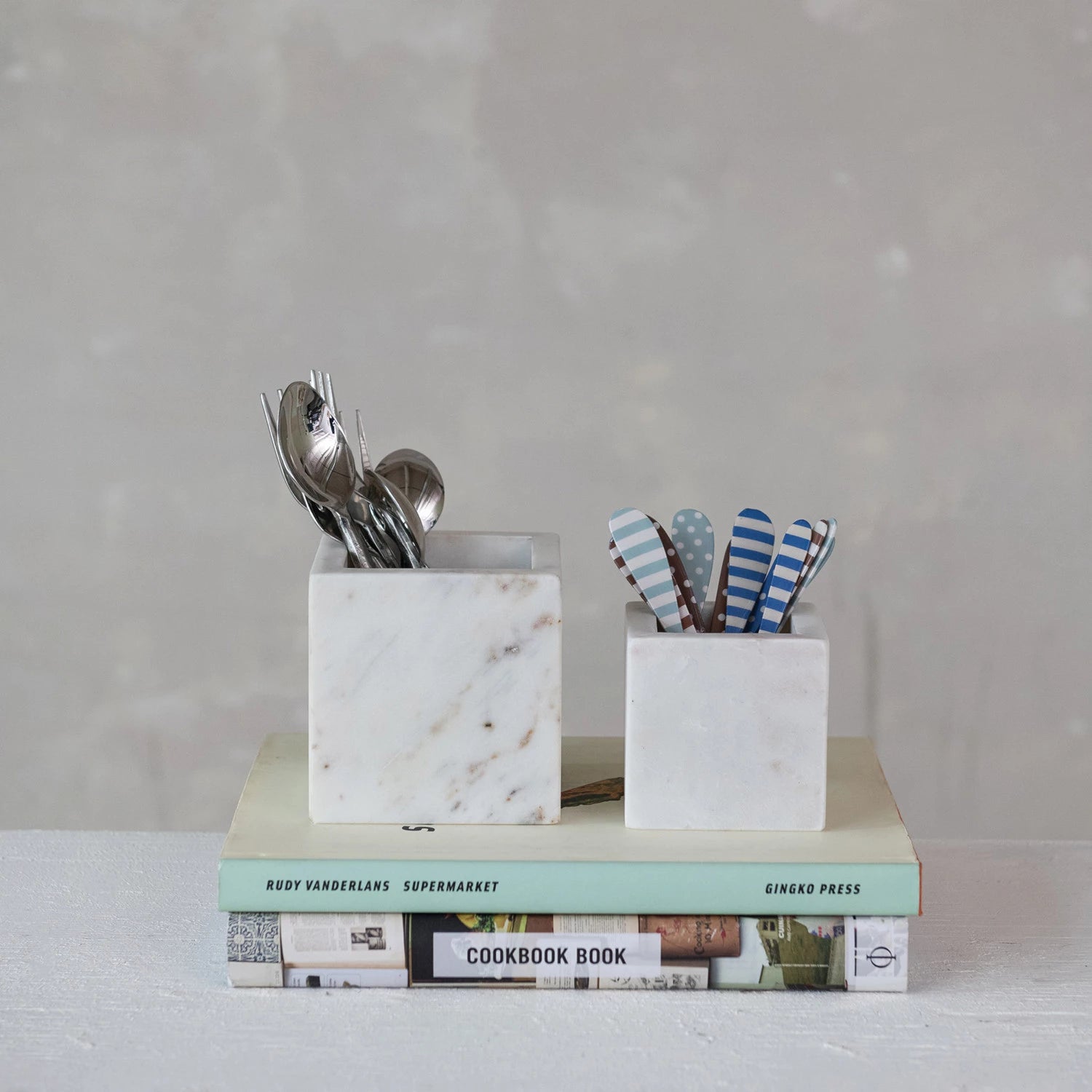 styled square white marble container, 2 sizes