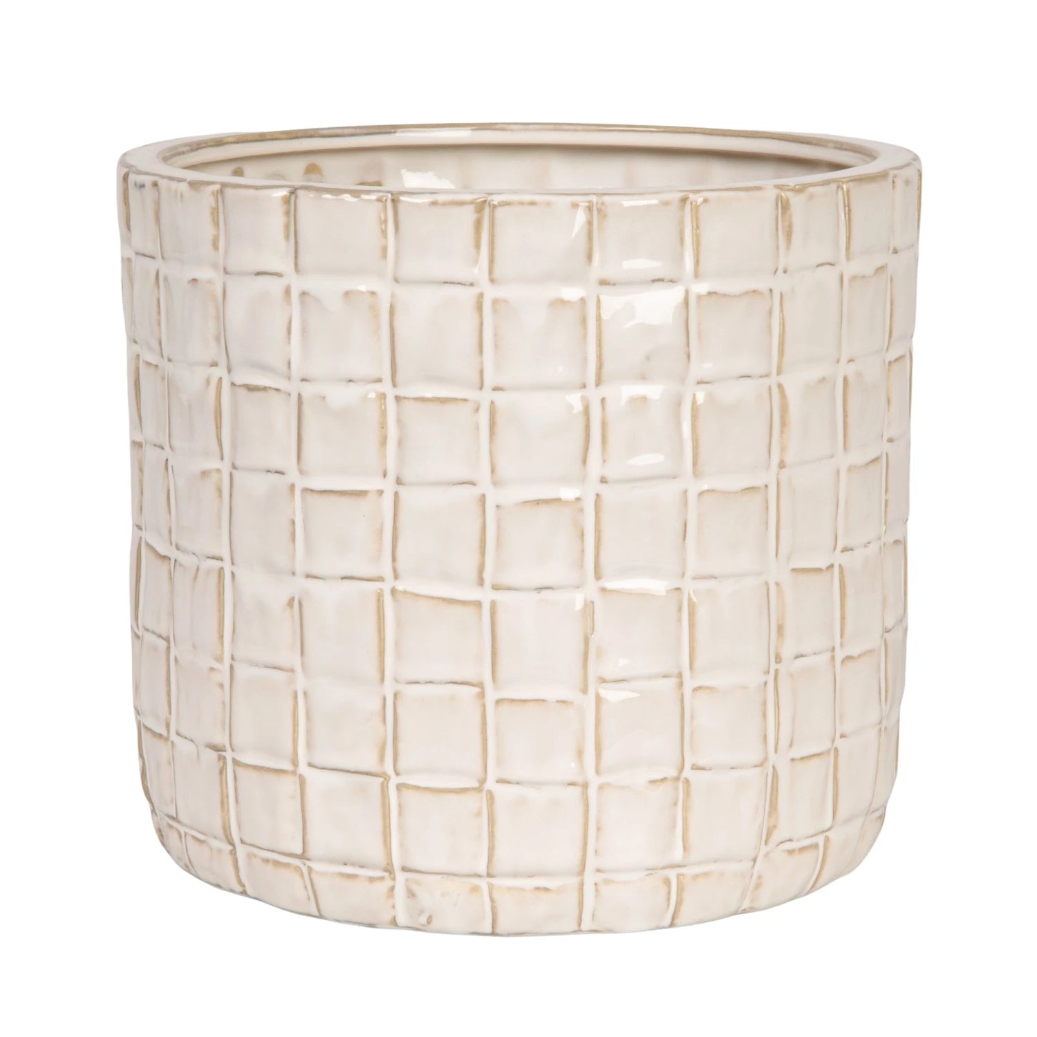 Decorative pot with a grid pattern on a white background