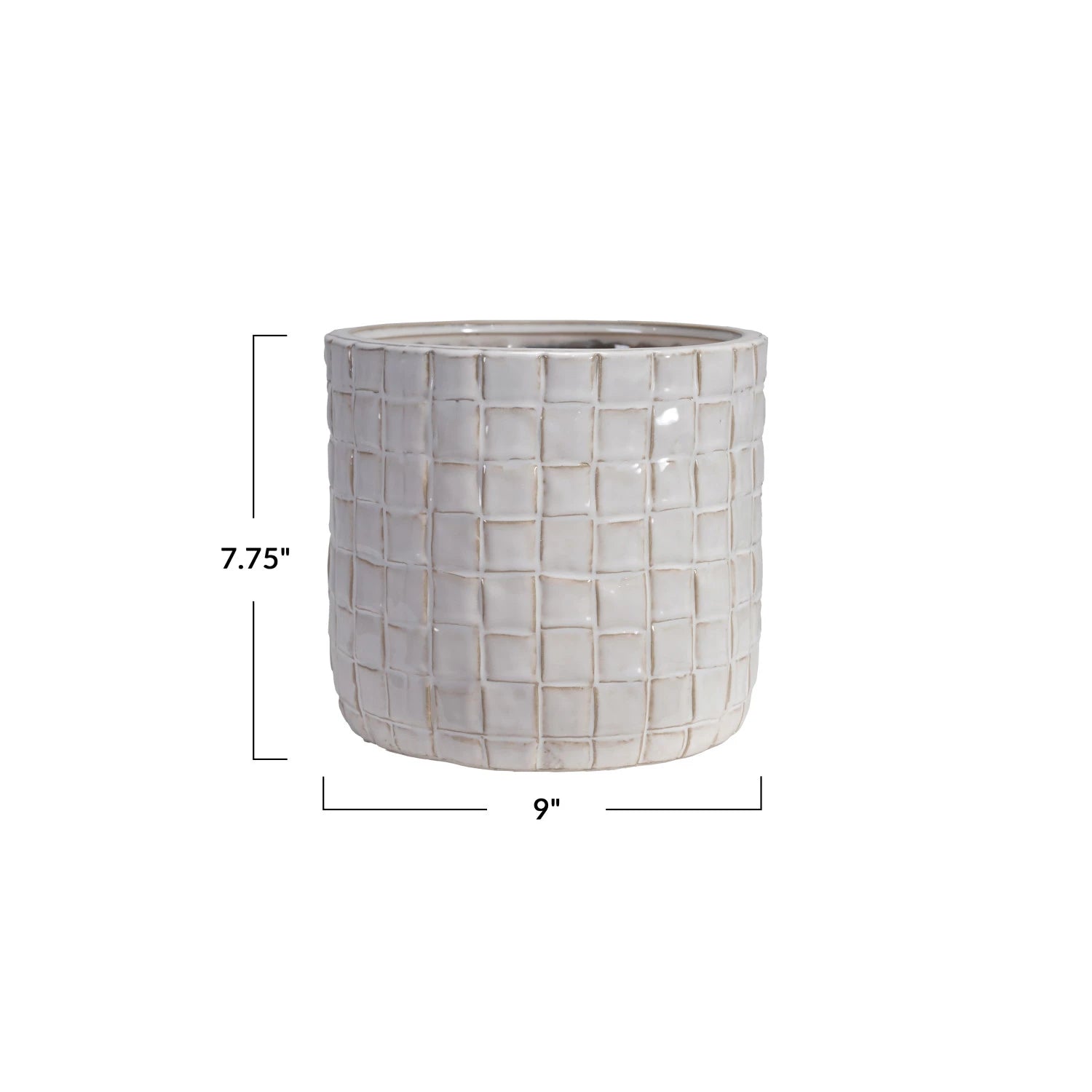 Decorative pot with grid pattern and dimensions on a white background