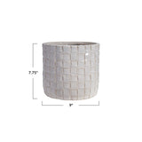 Decorative pot with grid pattern and dimensions on a white background