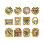 Collection of gold-framed art magnets with various scenes on a white background