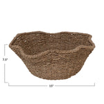 Brown woven basket with dimensions on a white background