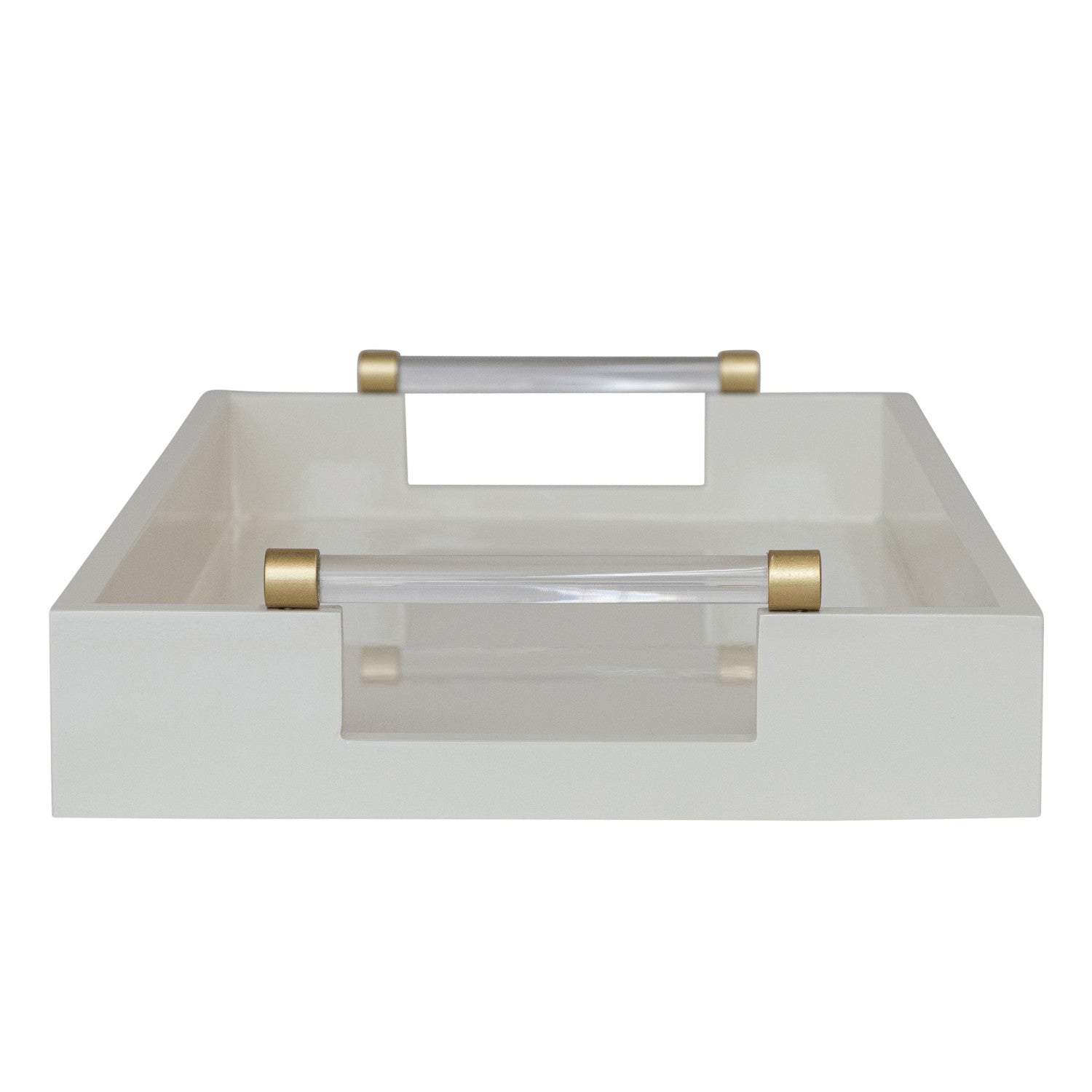 white lacquer tray with gold accents on a white background