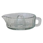 clear glass pressed juicer with handle and pour spout