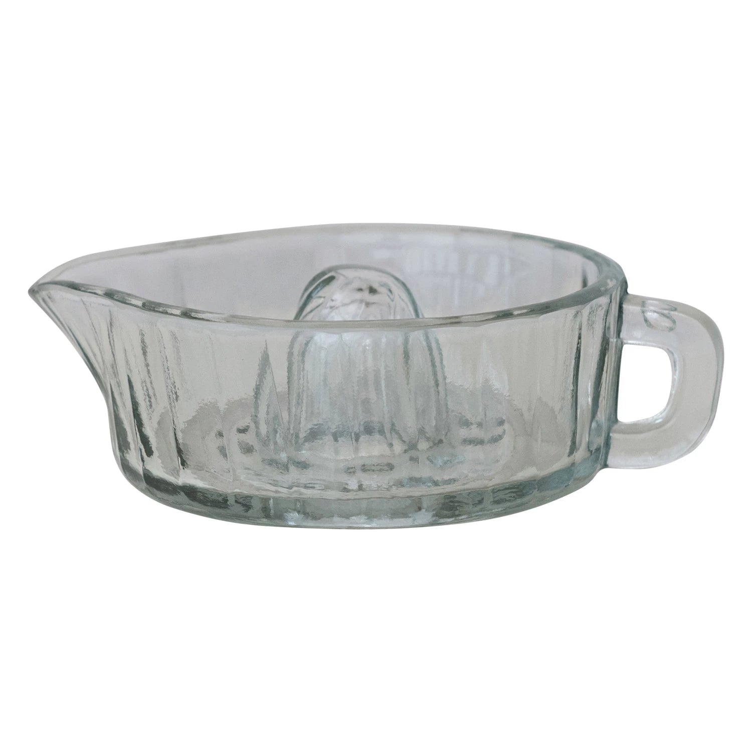 clear glass pressed juicer with handle and pour spout
