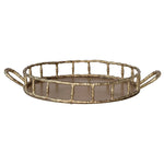 round brass finish tray with faux bamboo edge and side handles