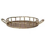 round brass finish tray with faux bamboo edge and side handles