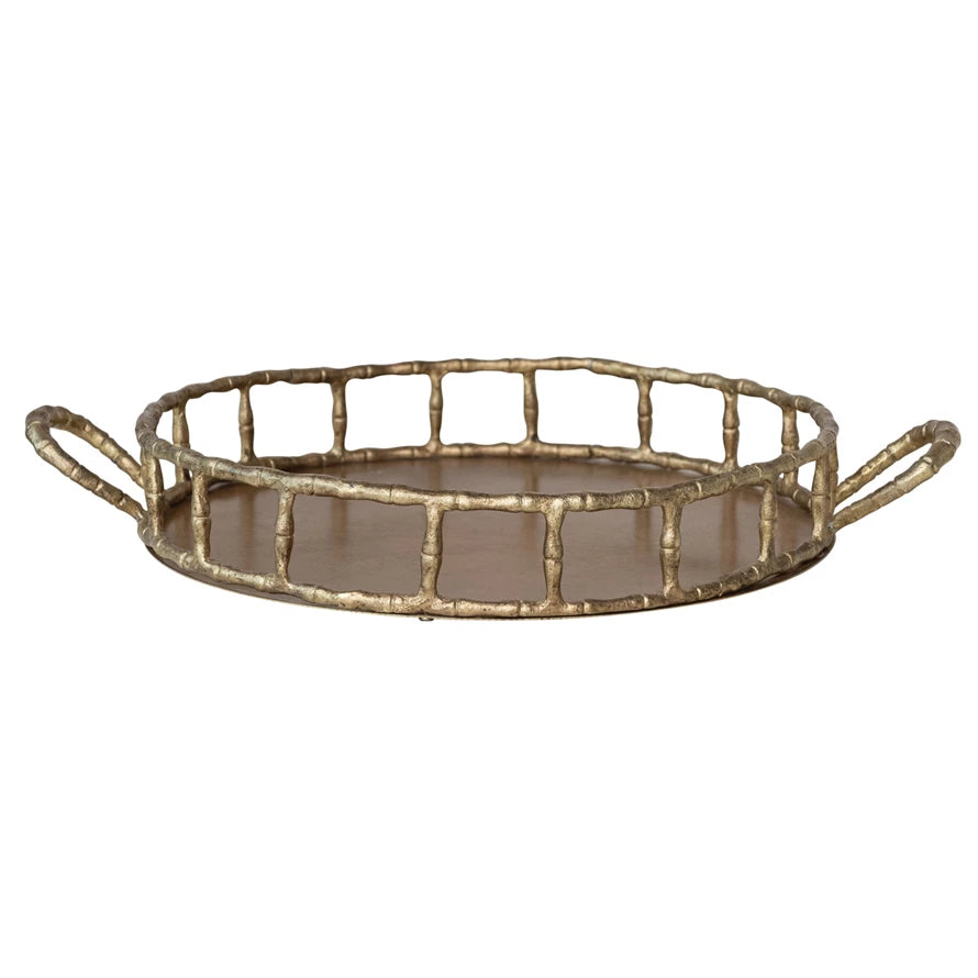 round brass finish tray with faux bamboo edge and side handles