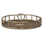 round brass finish tray with faux bamboo edge and side handles