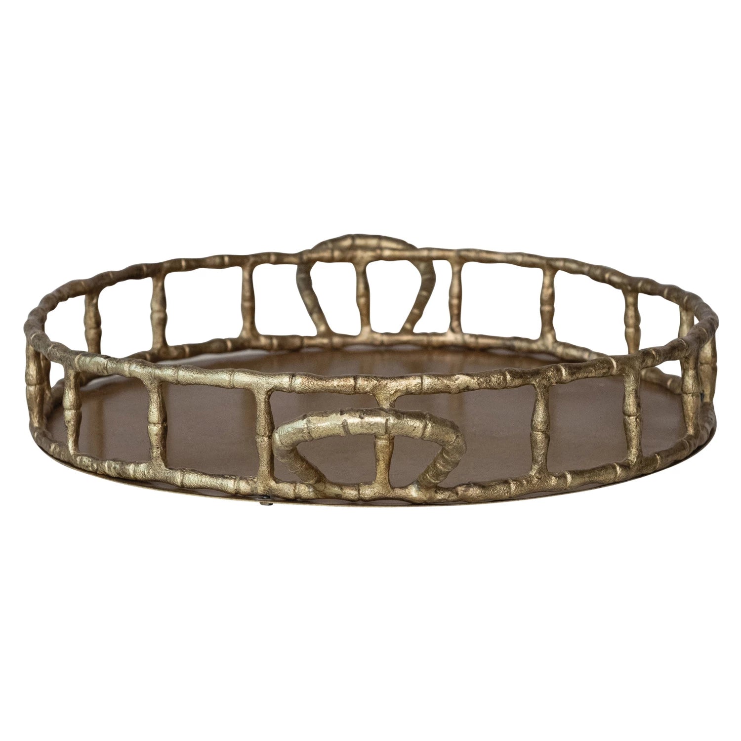 round brass finish tray with faux bamboo edge and side handles