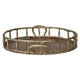 round brass finish tray with faux bamboo edge and side handles