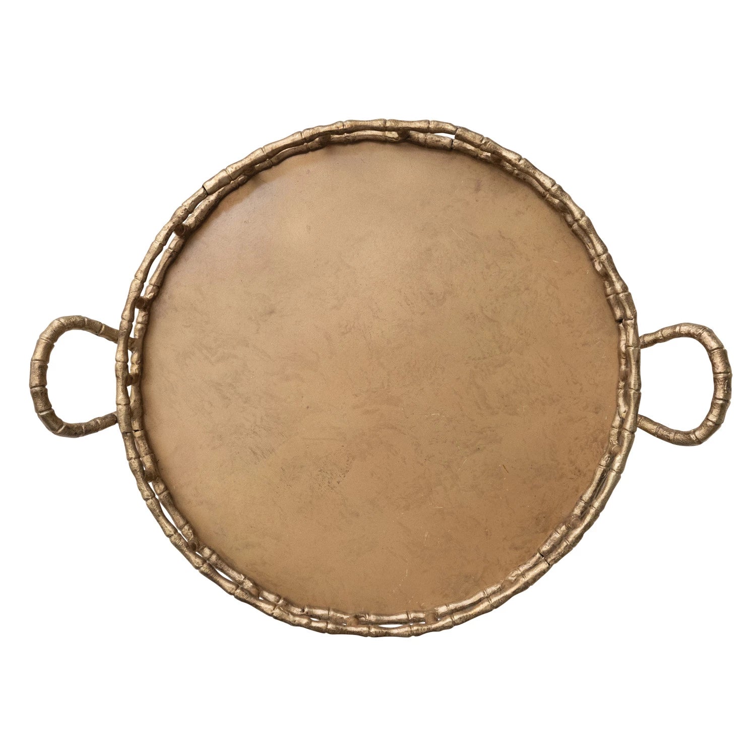 round brass finish tray with faux bamboo edge and side handles, solid center