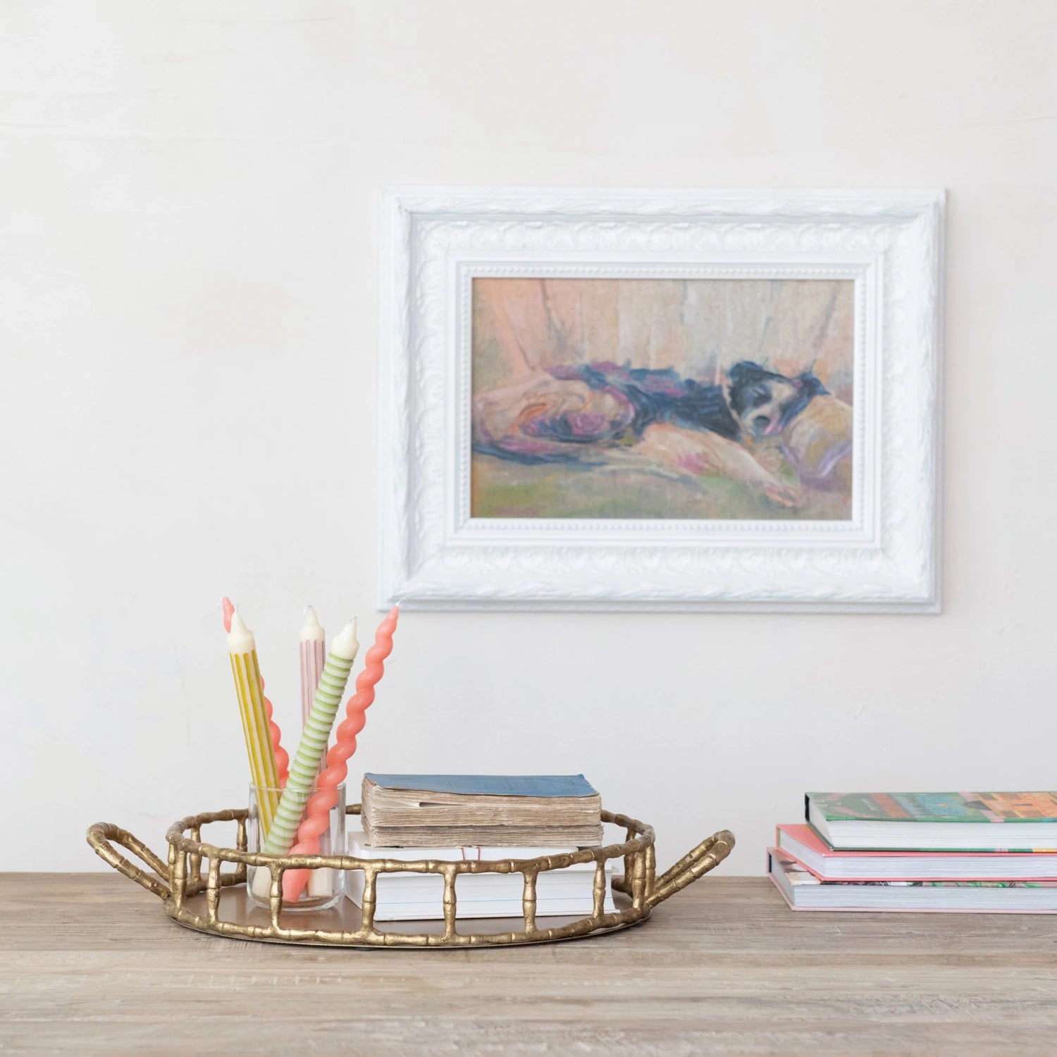 set round brass finish tray with faux bamboo edge and side handles