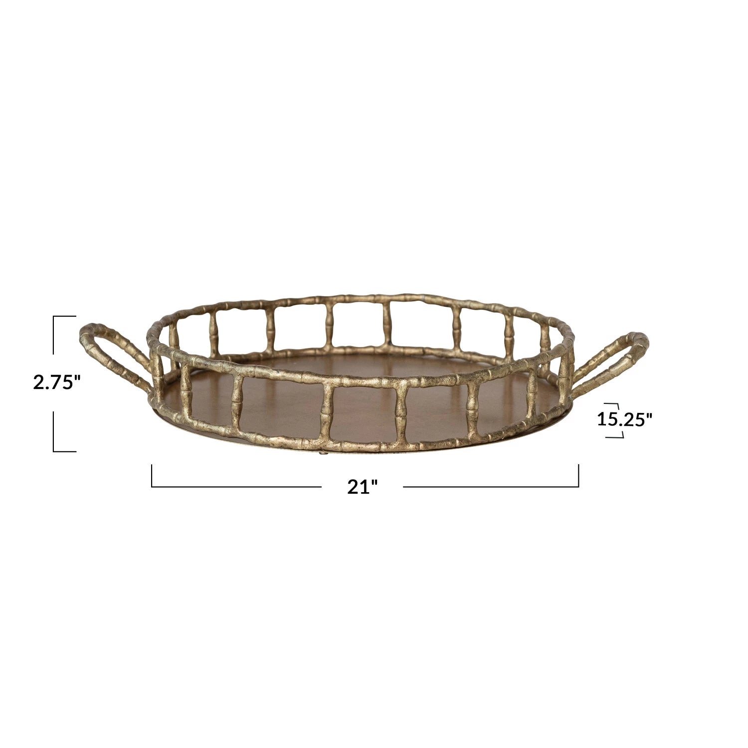 measurements of round brass finish tray with faux bamboo edge and side handles