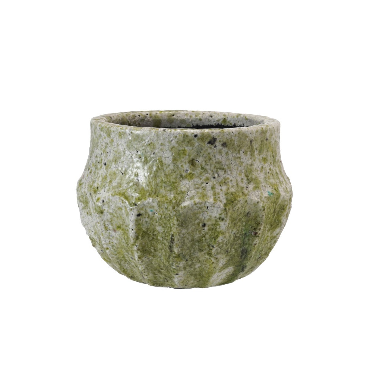 Green textured pot on a white background