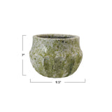 Green textured pot with dimensions on a white background