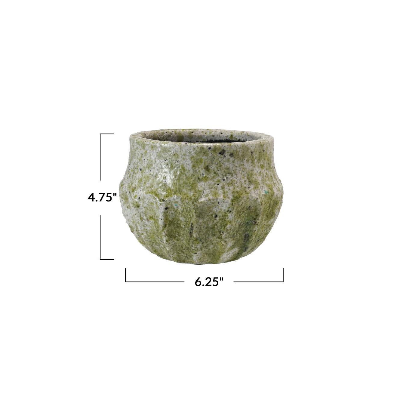 Green textured pot with dimensions on a white background