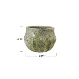 Green textured pot with dimensions on a white background
