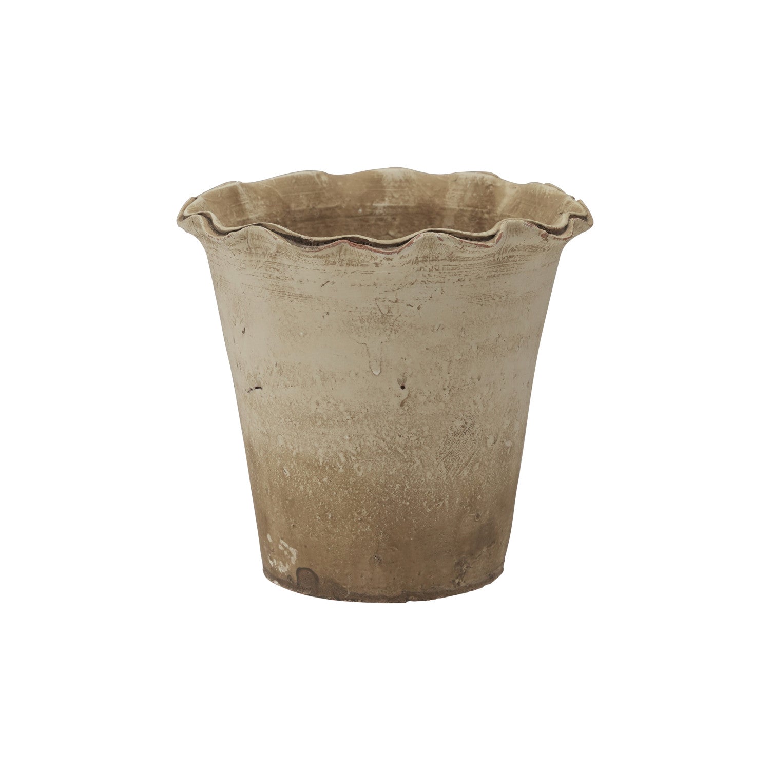 A rustic, vintage-style ceramic planter pot with a scalloped rim and a textured, earthy brown and beige glaze, shown against a plain white background.