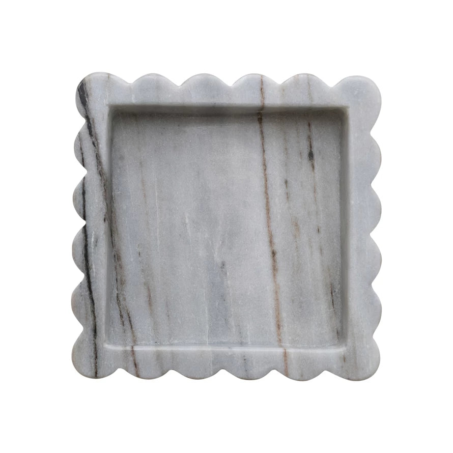 square grey marble tray with scalloped edge 