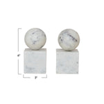 Two marble spheres bookends on square bases with measurements on a white background