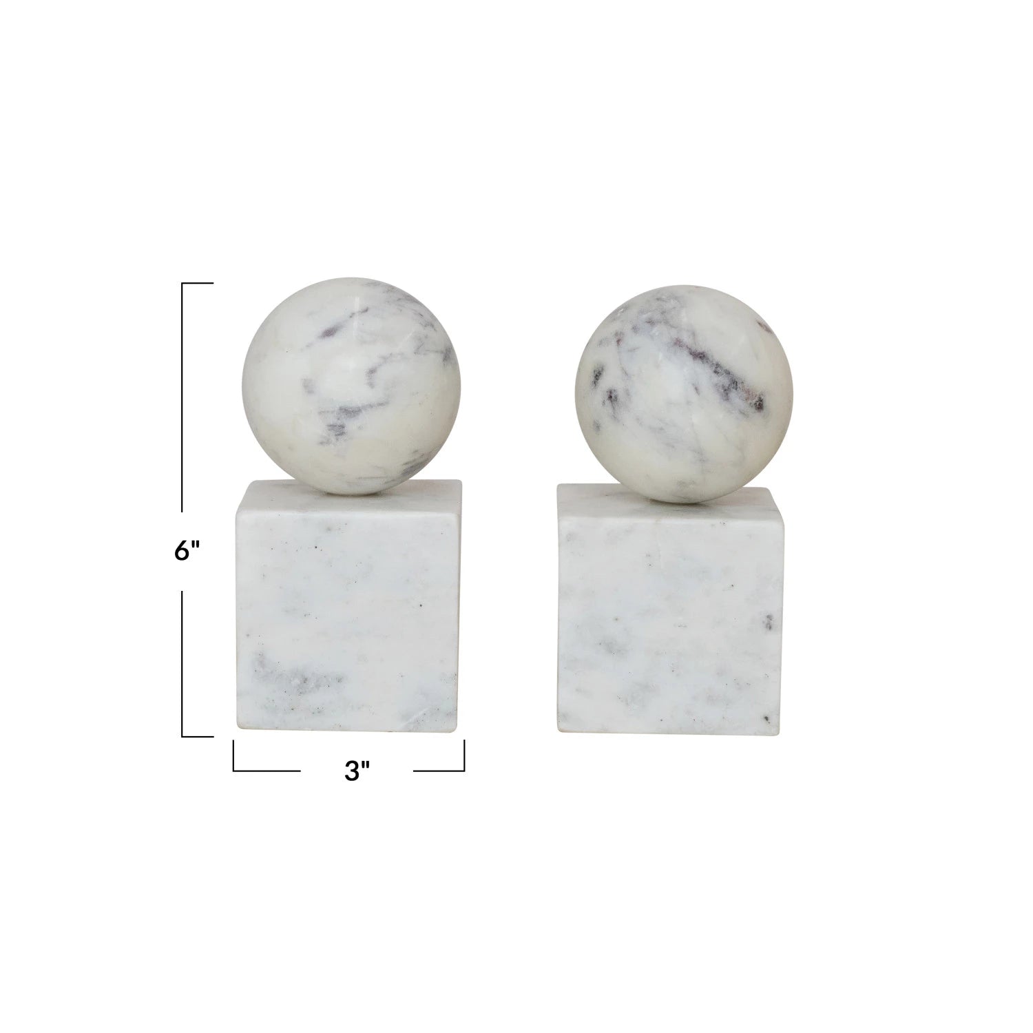 Two marble spheres bookends on square bases with measurements on a white background