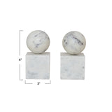 Two marble spheres bookends on square bases with measurements on a white background