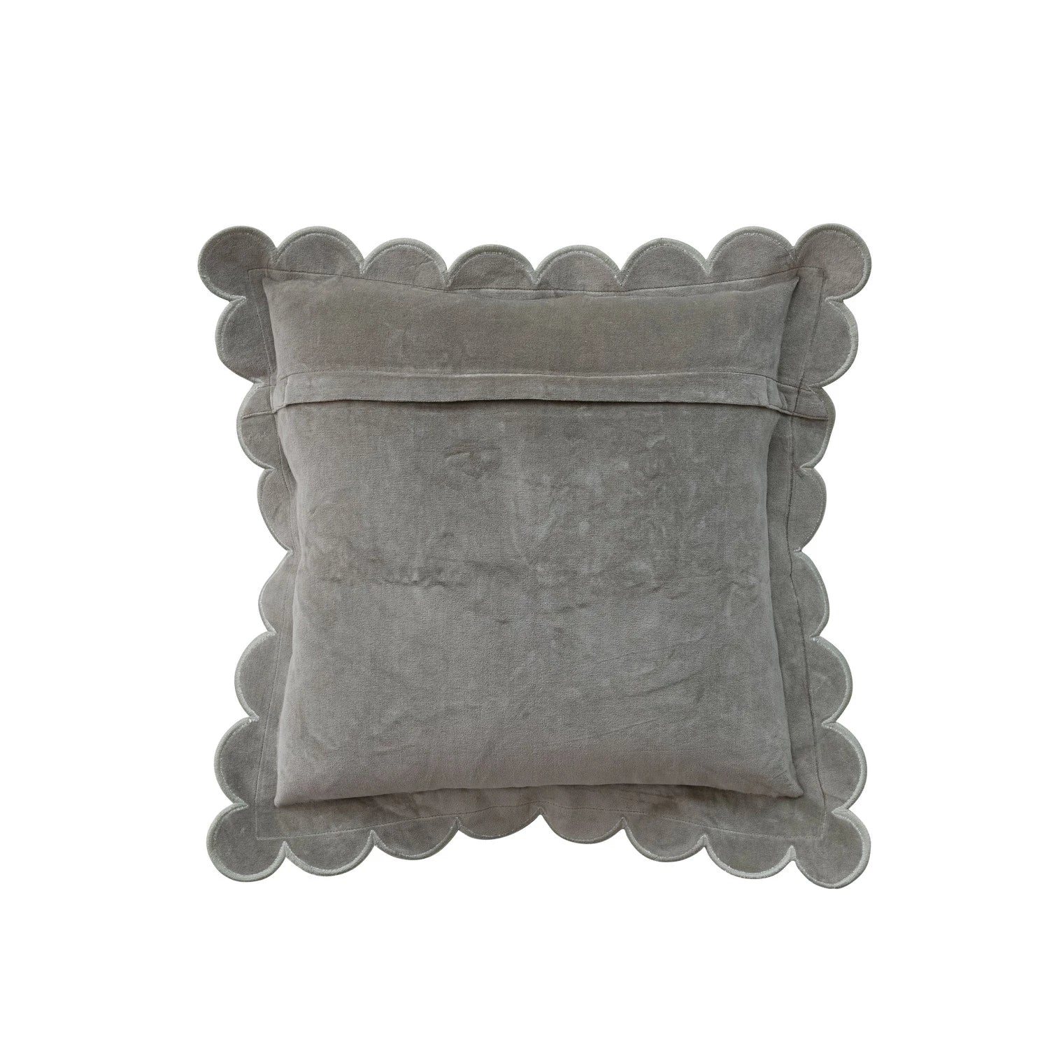 Gray pillow with scalloped edge on a white background