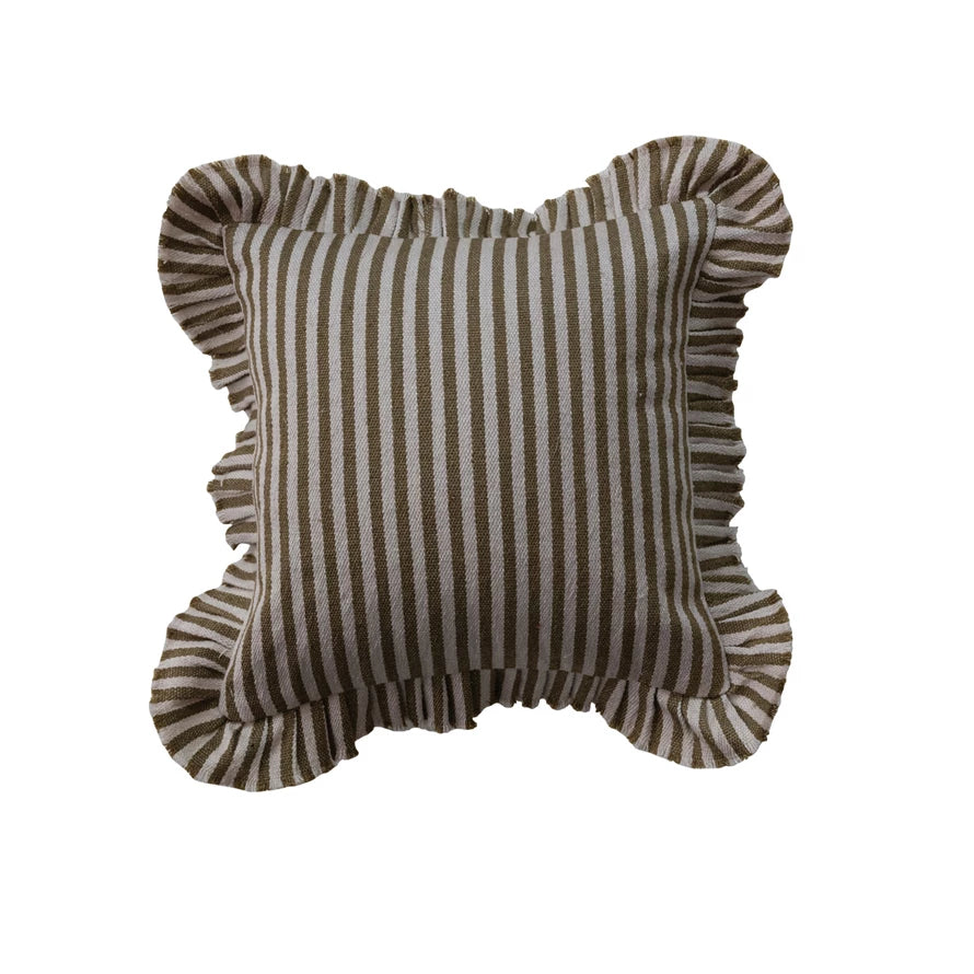 Striped pillow with ruffled edges on a white background