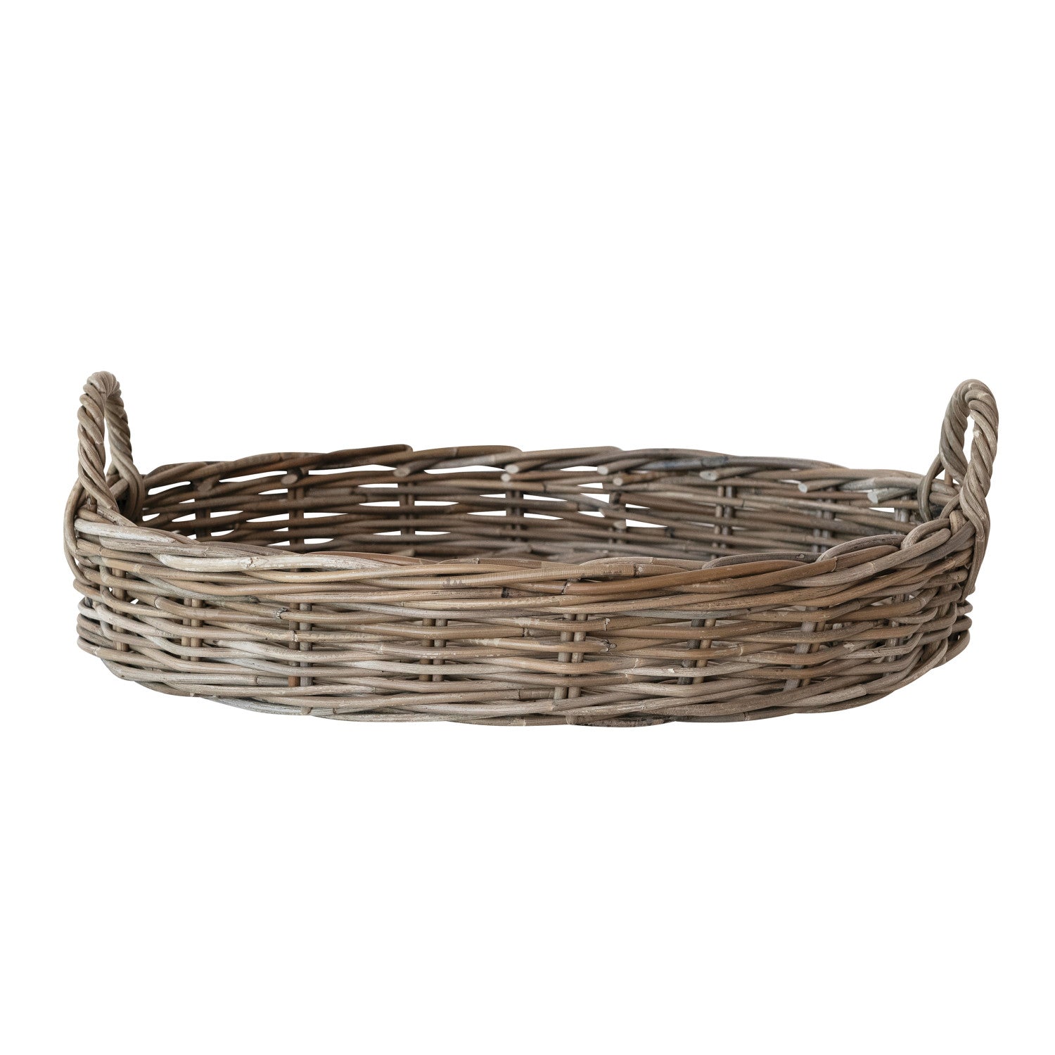 Wicker basket with handles on a white background
