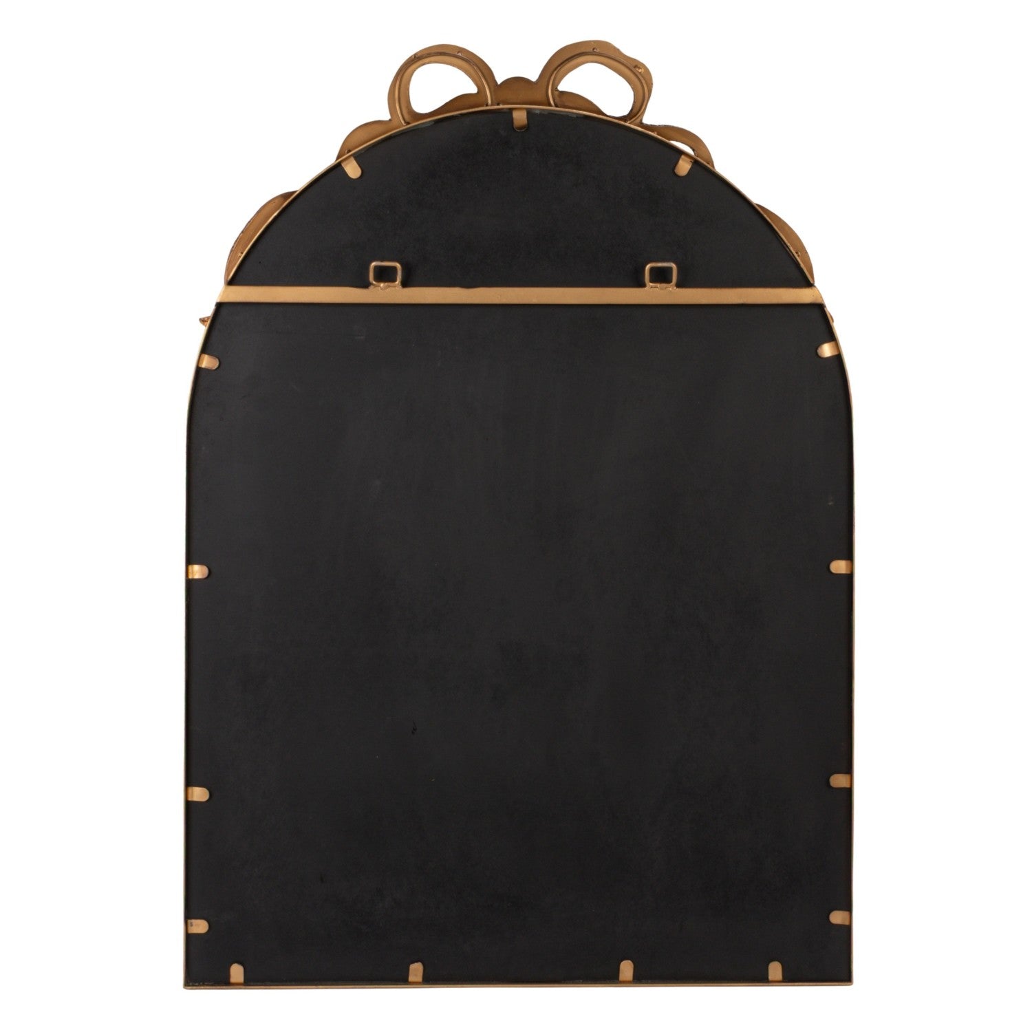A black arched mirror with gold-tone metal trim, decorative finials at the top, and brass grommets along the edges, shown against a plain white background.