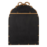 A black arched mirror with gold-tone metal trim, decorative finials at the top, and brass grommets along the edges, shown against a plain white background.