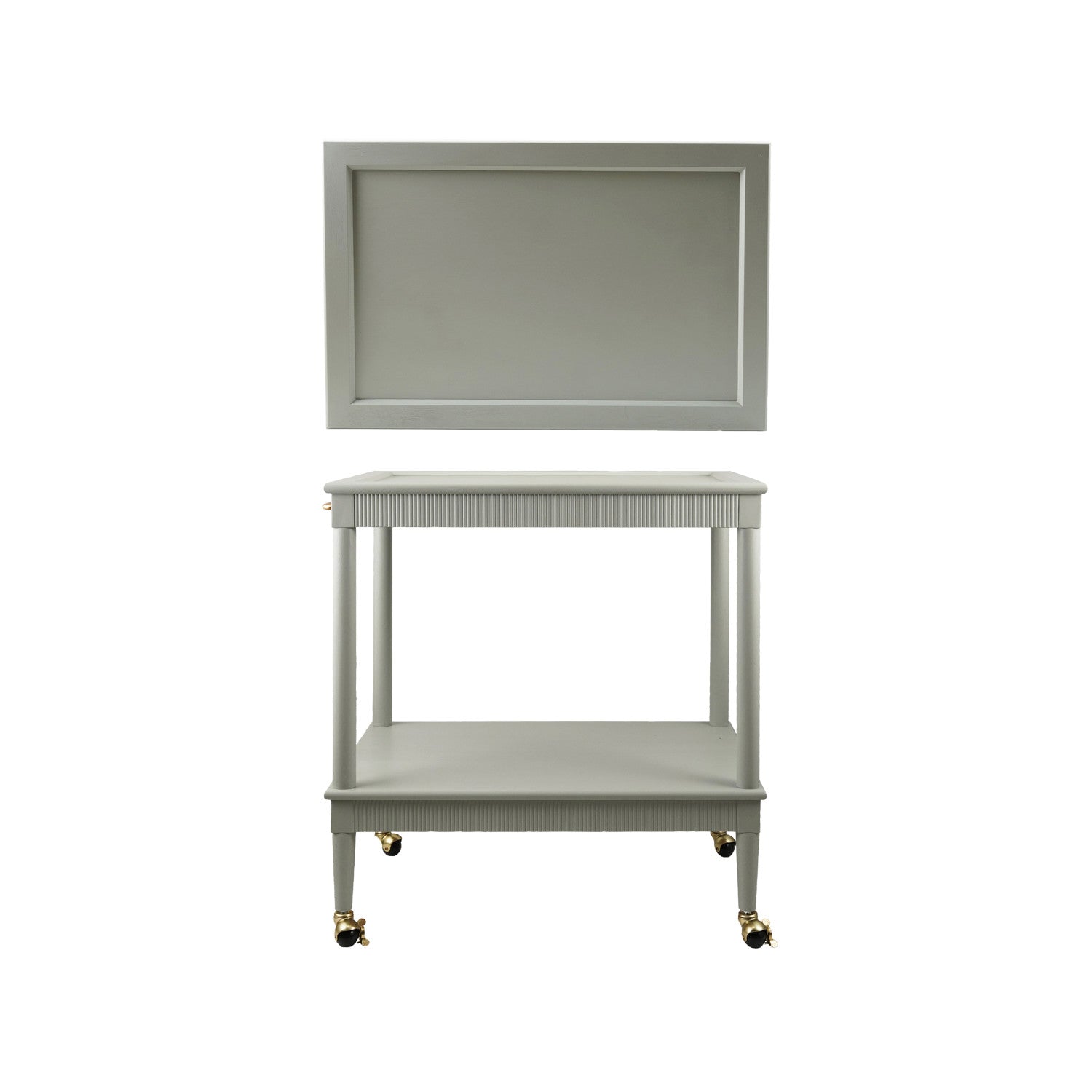 Light gray side table with mirror on a white background