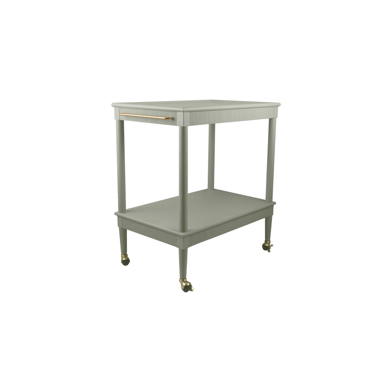 Two-tiered metal cart with wheels on a white background