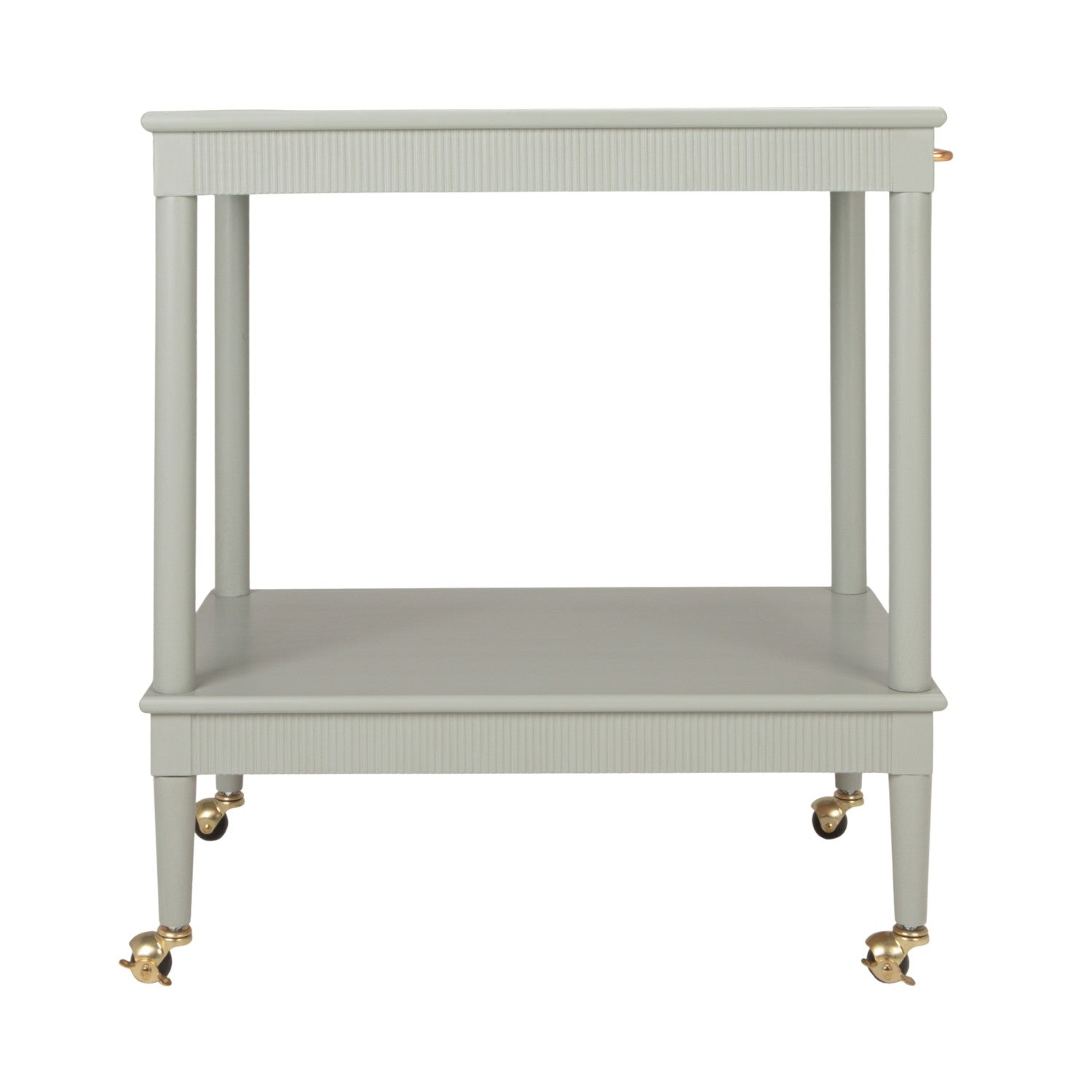A light gray two-tier rolling bar cart with gold-tone casters and brass hardware, shown against a plain white background.
