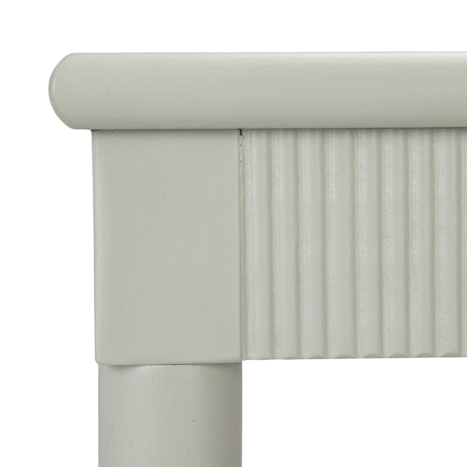 Close-up of a light gray upholstered headboard on a white background