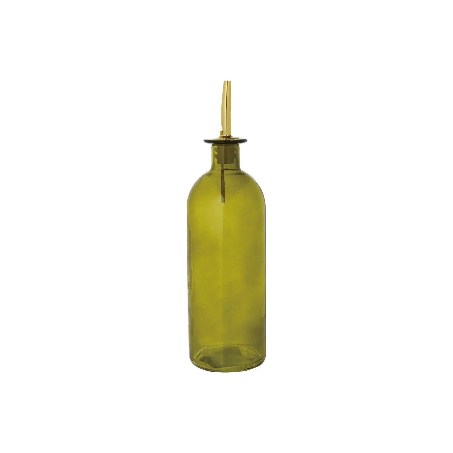 Green glass bottle with a gold cap on a white background
