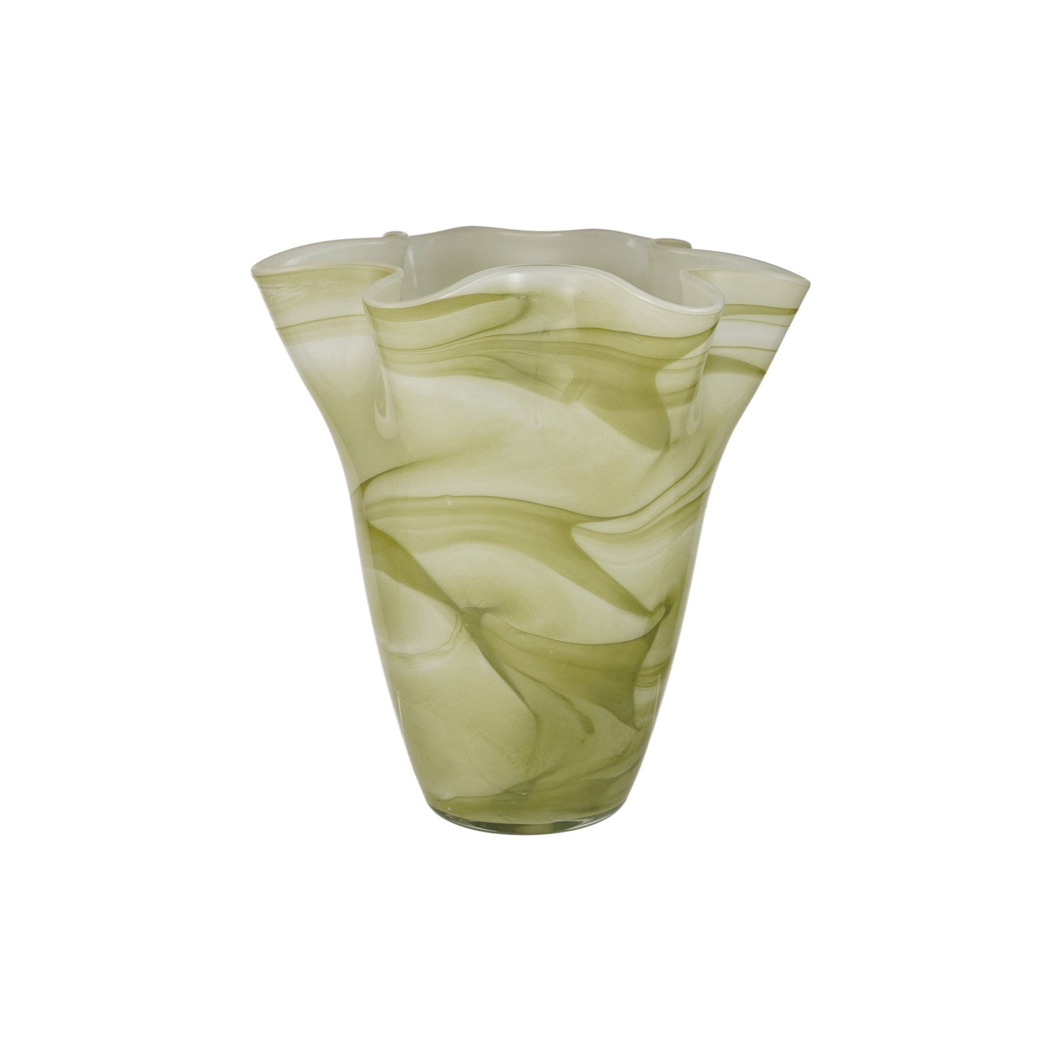 Green glass vase with swirling pattern on a white background