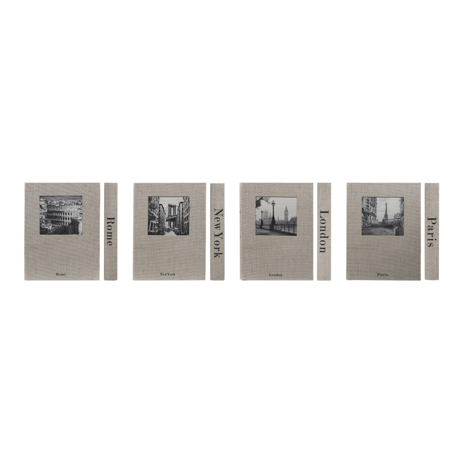 Set of four decorative boxes designed to look like books with city names on a white background