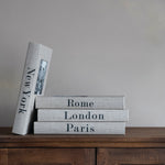 Stack of storage boxes styled like books titled 'New York', 'Rome', 'London', and 'Paris' on a wooden surface with a neutral background.