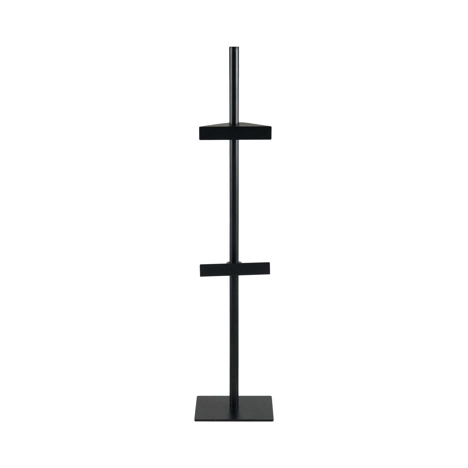 Black metal easel with multiple shelves on a white background