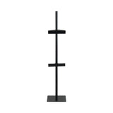 Black metal easel with multiple shelves on a white background
