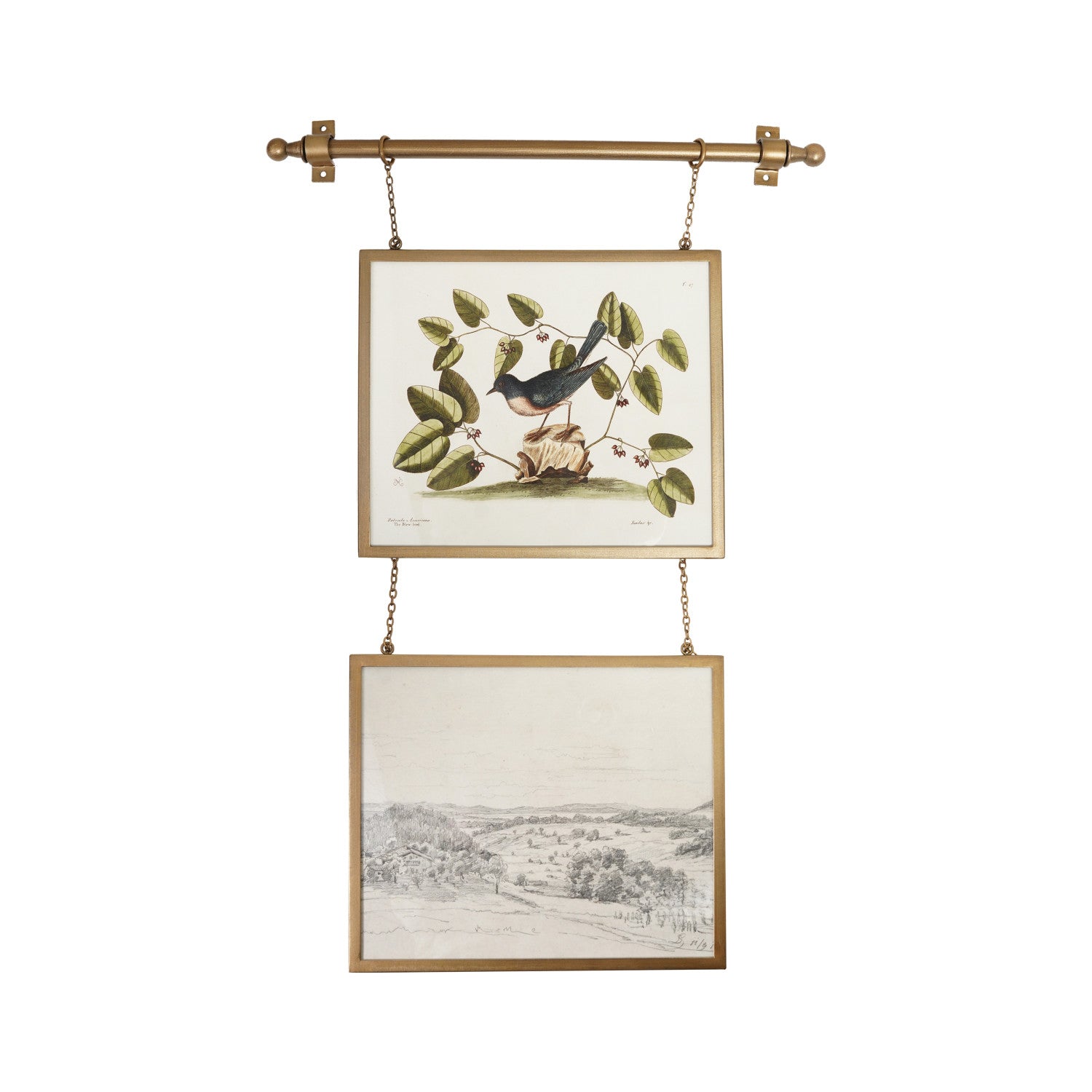 A brass double-hanging wall tapestry with two framed vintage bird and landscape prints suspended from a brass rod against a white background.