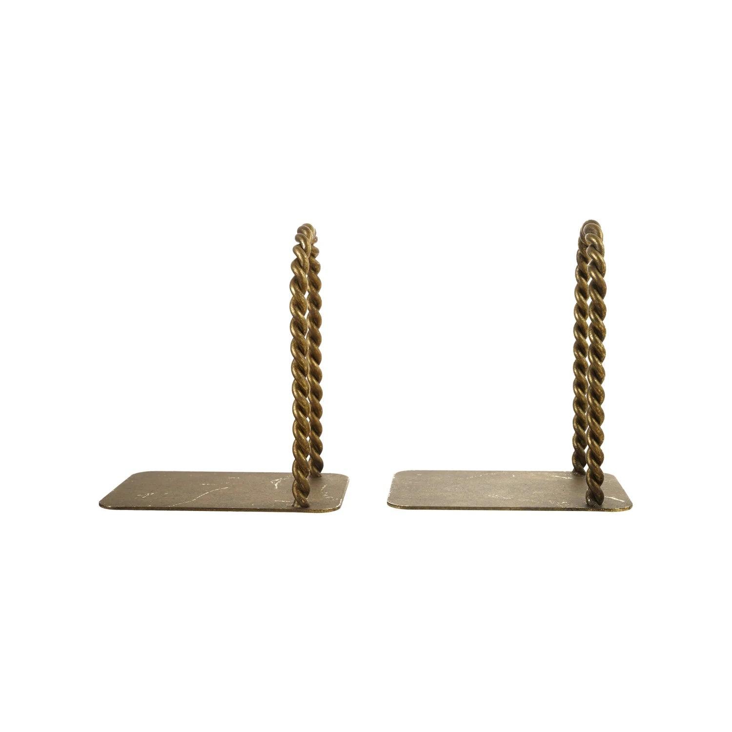 Pair of brass bookends with rope-like design on a white background