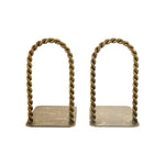 A pair of vintage inspired brass bookends with twisted rope arches and square bases, shown on a plain white background.