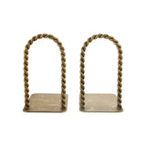 A pair of vintage inspired brass bookends with twisted rope arches and square bases, shown on a plain white background.