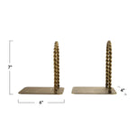 Two brass bookends with twisted rope handles and flat rectangular bookends, shown on a white background with dimension labels indicating 6 inches wide, 7 inches tall, and 4 inches deep.